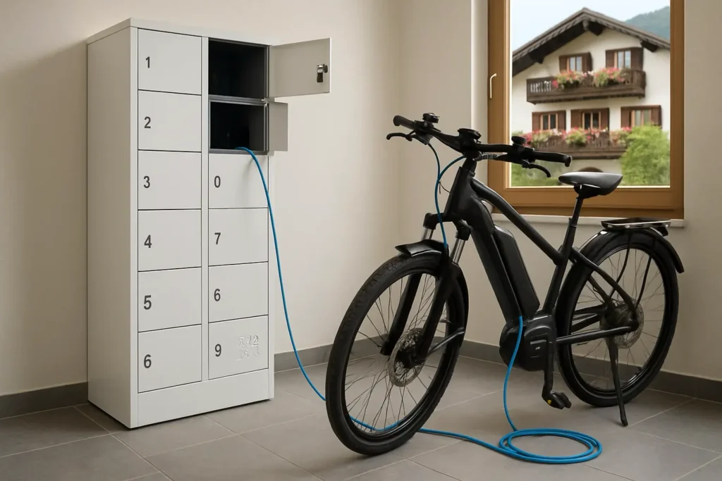 E-Bike mit Ladeschrank im Zum Turm in Oberammergau – sicherer Ladeplatz für Akkus in einem hellen Raum mit Blick auf die Alpen.